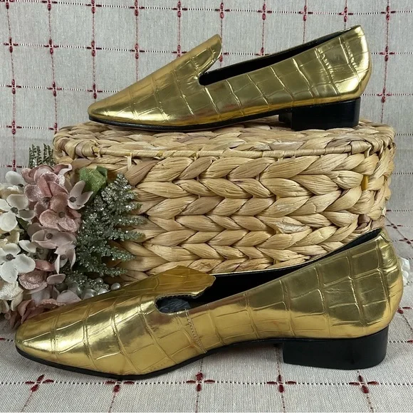 SCHUTZ “Flor” Metallic Gold Leather Crocodile Embossed Loafer Flats Size 6 New - Picture 7 of 8